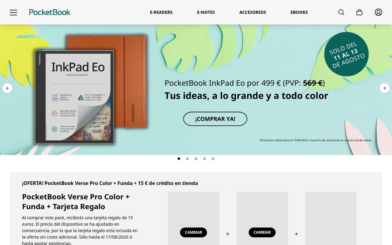 Homepage screenshot of pocketbook.es