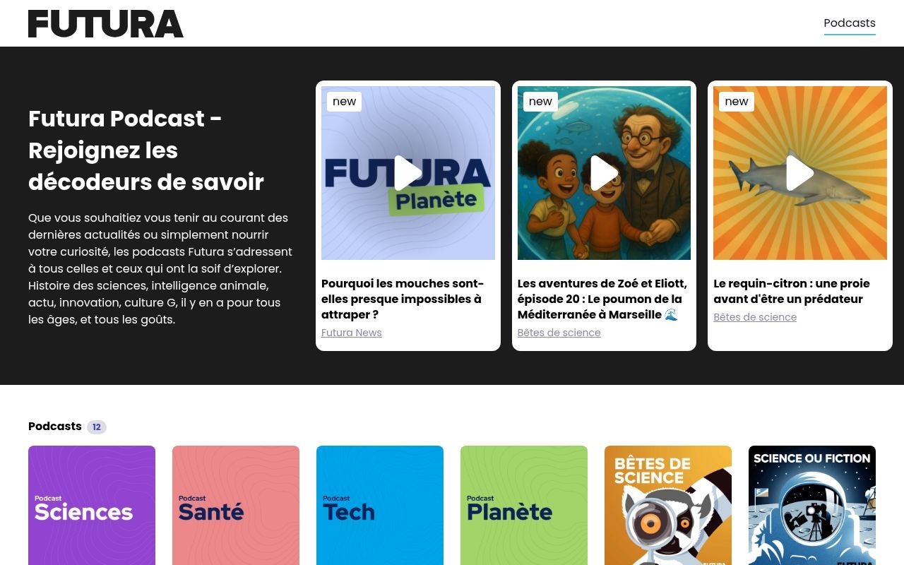 Homepage screenshot of podcasts.futura-sciences.com
