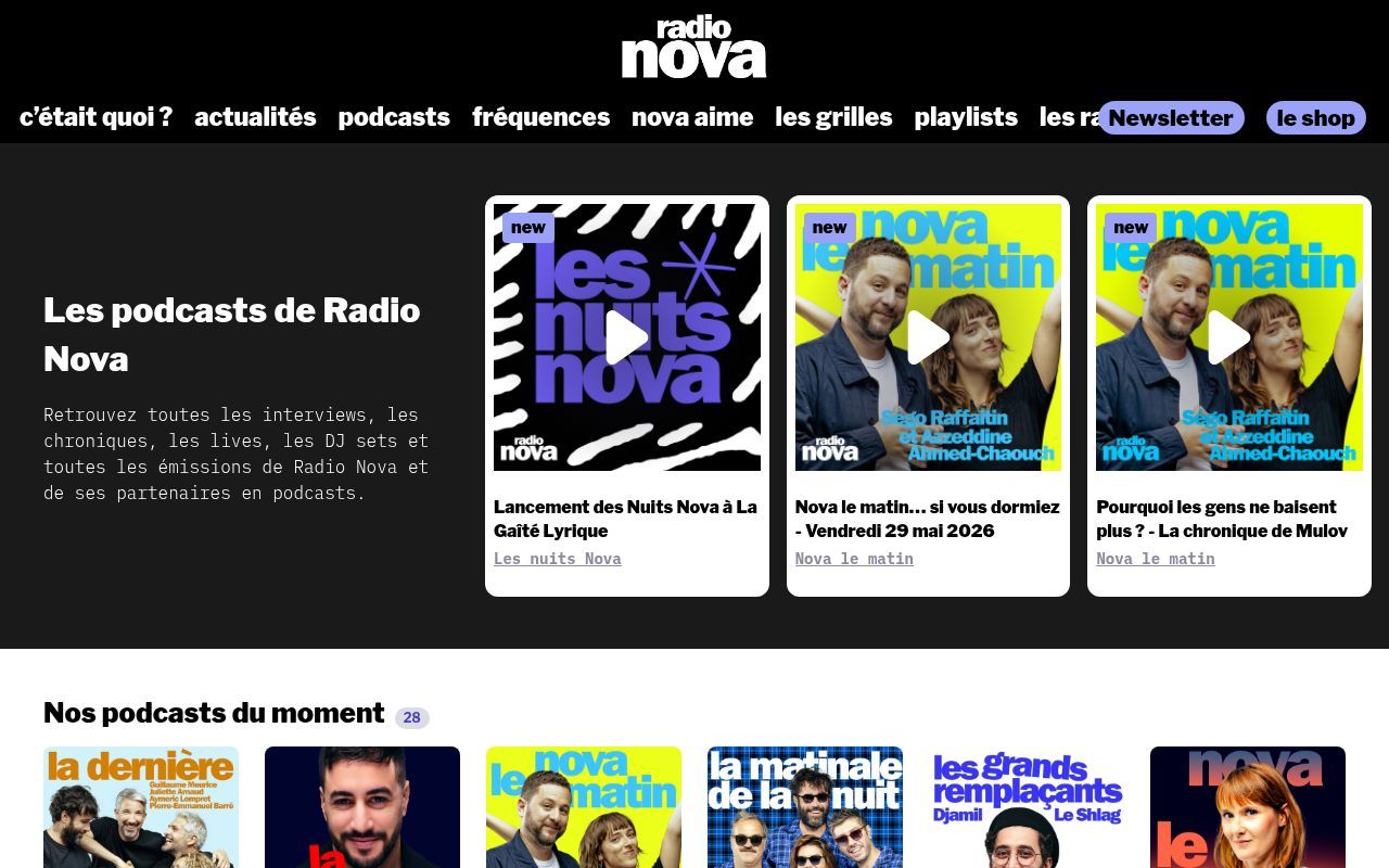 Homepage screenshot of podcasts.nova.fr