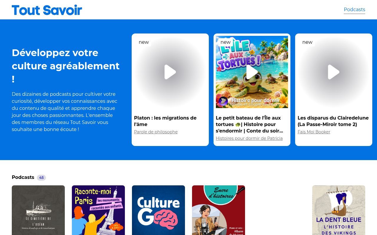 Homepage screenshot of podcasts.toutsavoir.fr