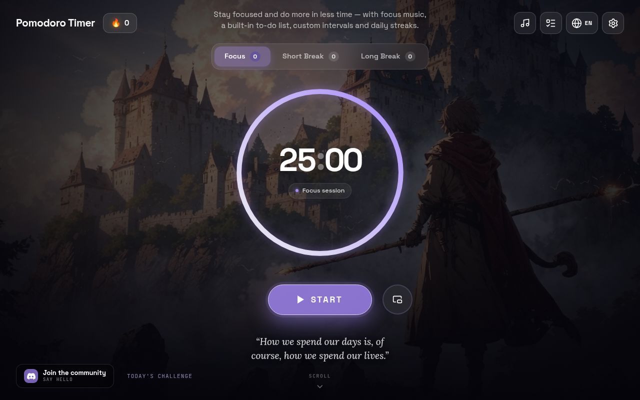 Homepage screenshot of pomodorotimer.online