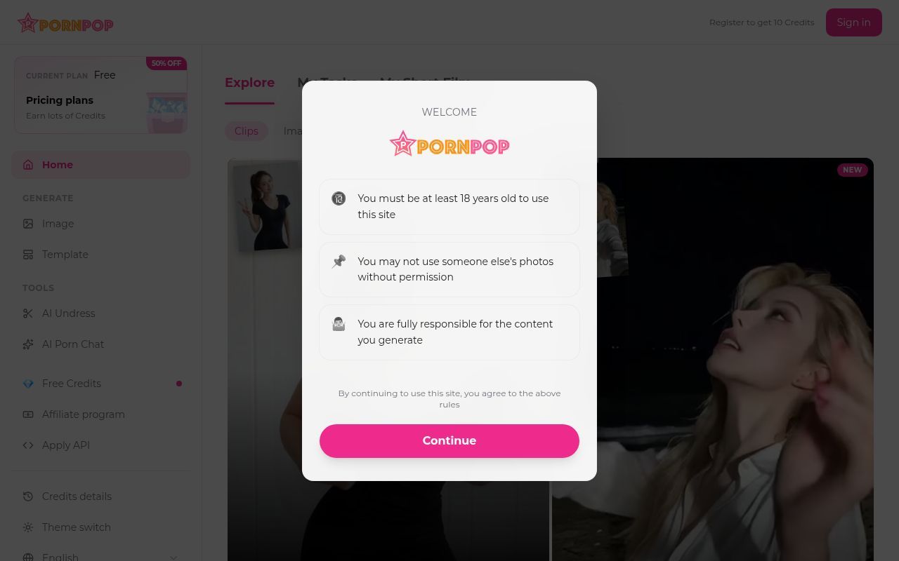 Homepage screenshot of pornpop.ai