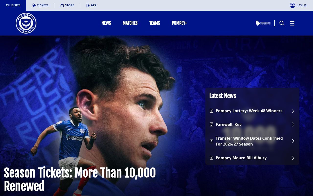Homepage screenshot of portsmouthfc.co.uk