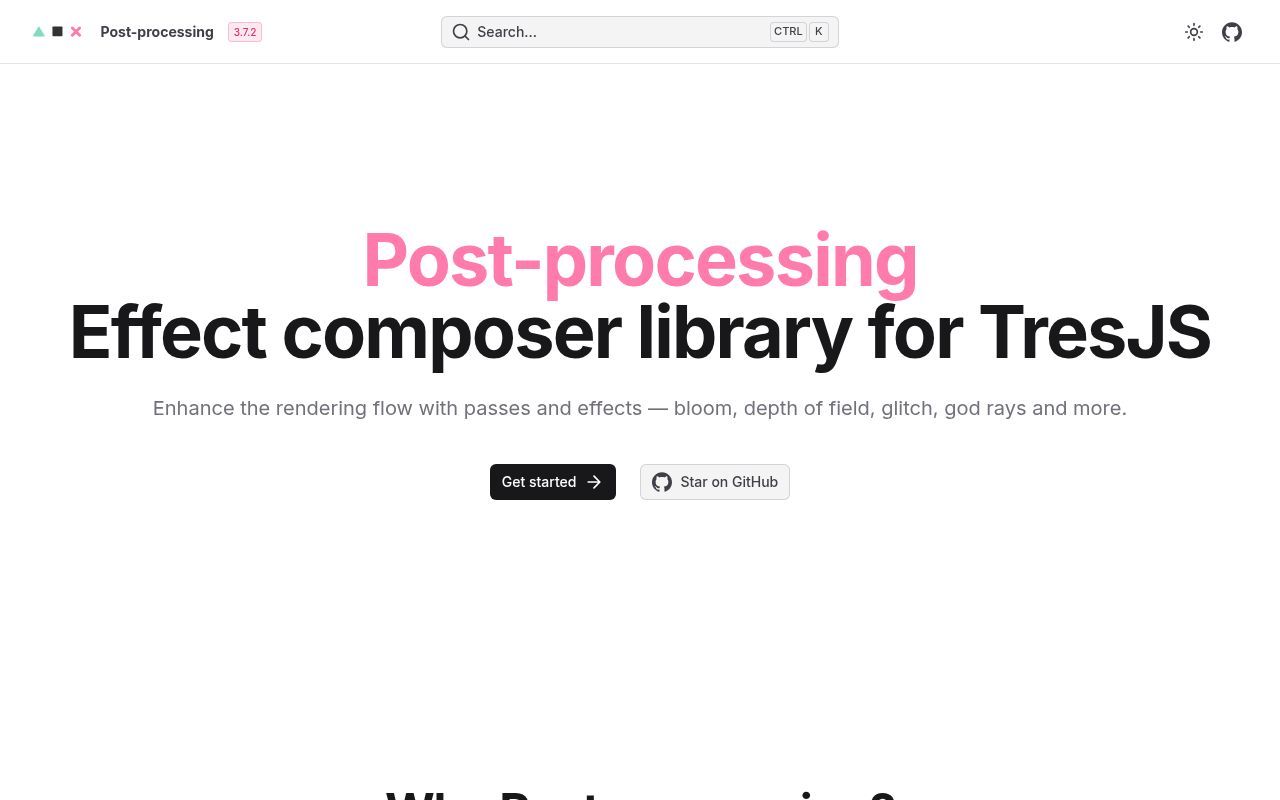 Homepage screenshot of post-processing.tresjs.org