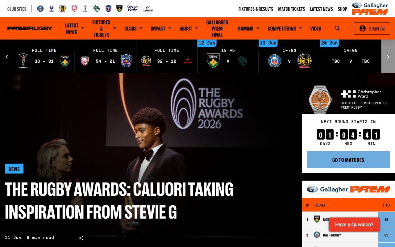 Homepage screenshot of premiershiprugby.com