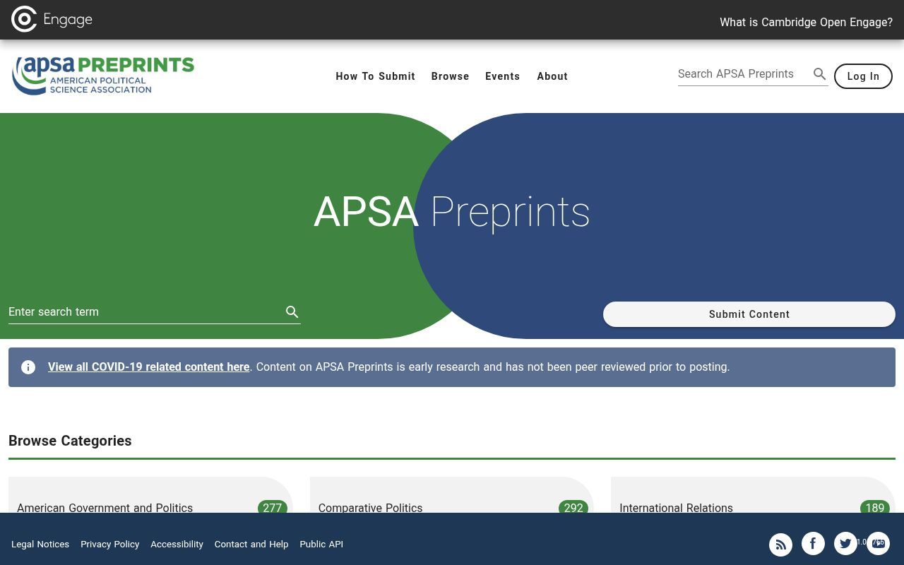 Homepage screenshot of preprints.apsanet.org