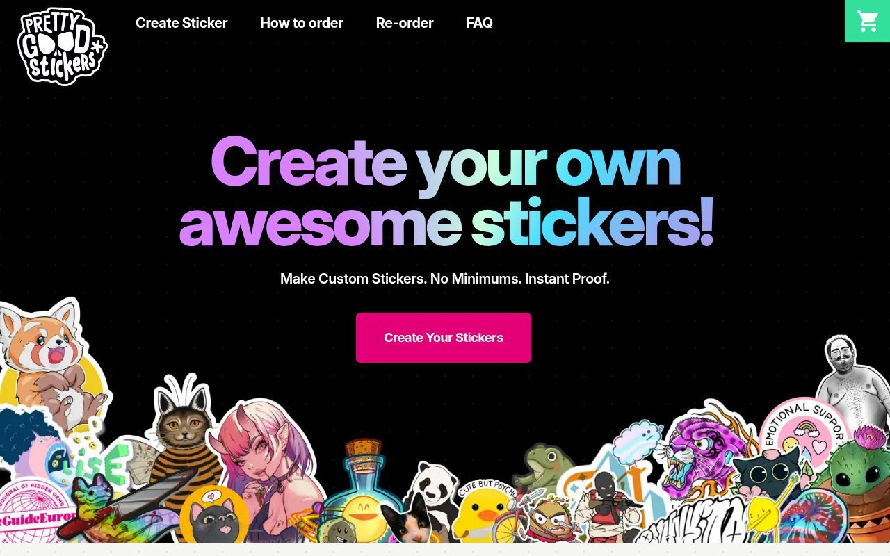 Homepage screenshot of prettygoodstickers.com