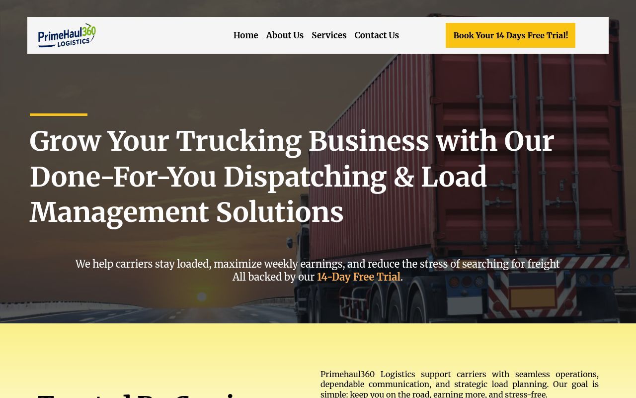 Homepage screenshot of primehaul360logistics.com
