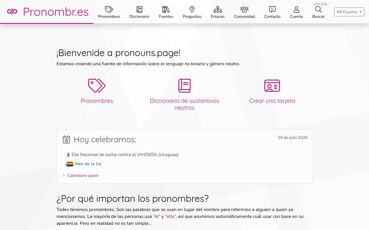 Homepage screenshot of pronombr.es