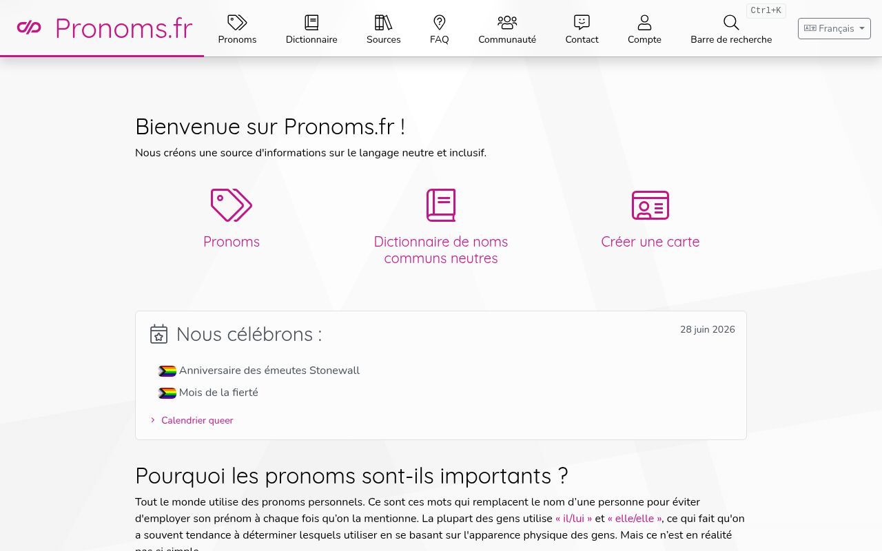 Homepage screenshot of pronoms.fr