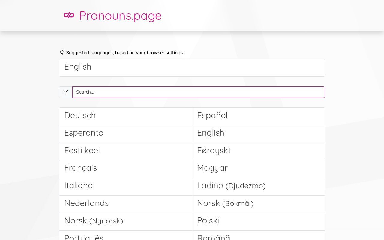 Homepage screenshot of pronouns.page