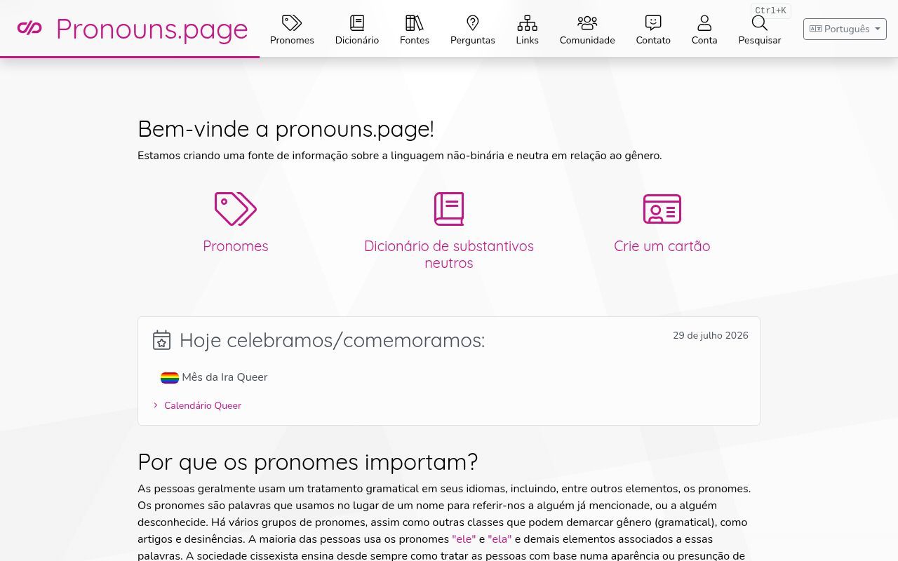 Homepage screenshot of pt.pronouns.page