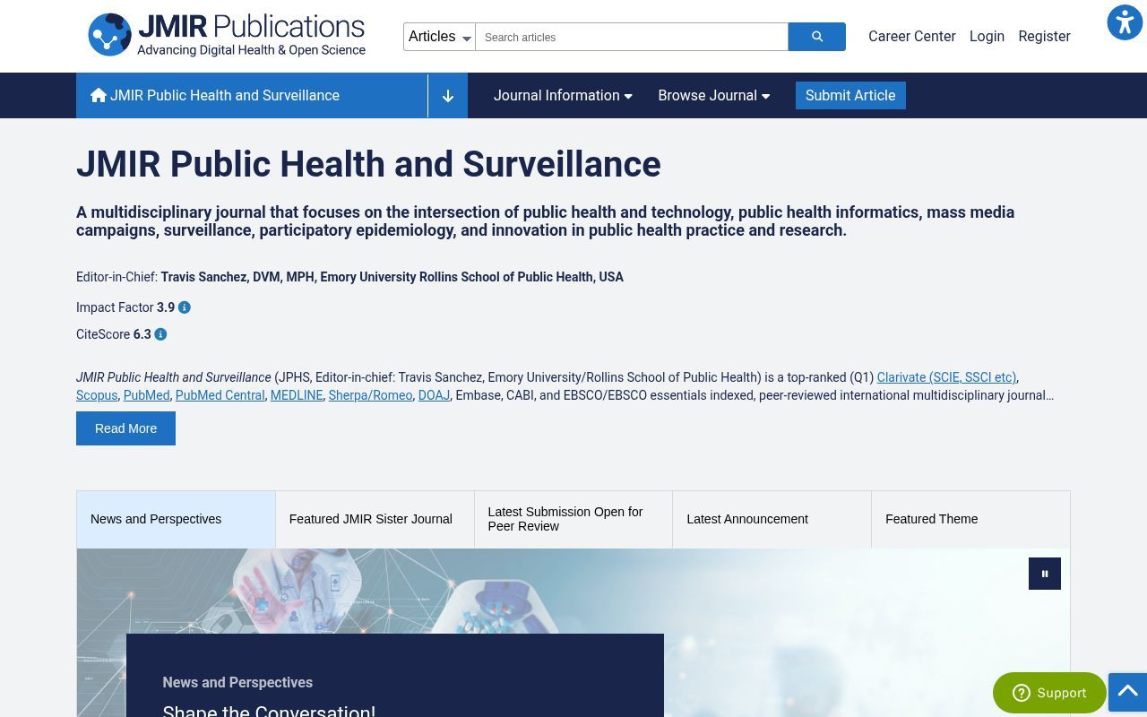 Homepage screenshot of publichealth.jmir.org
