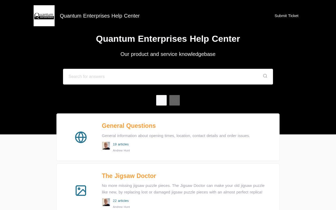 Homepage screenshot of quantumenterprises.tawk.help