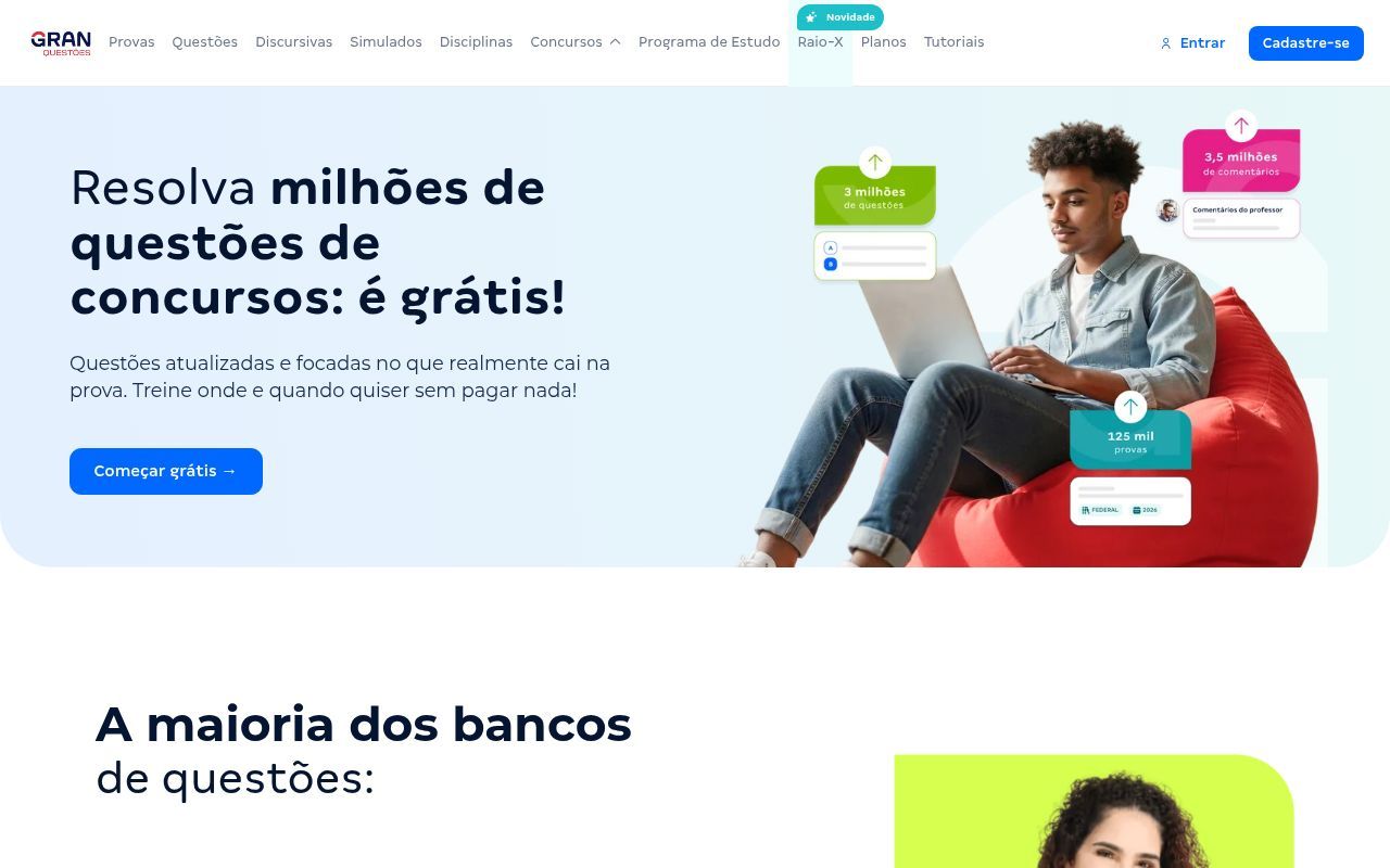 Homepage screenshot of questoes.grancursosonline.com.br