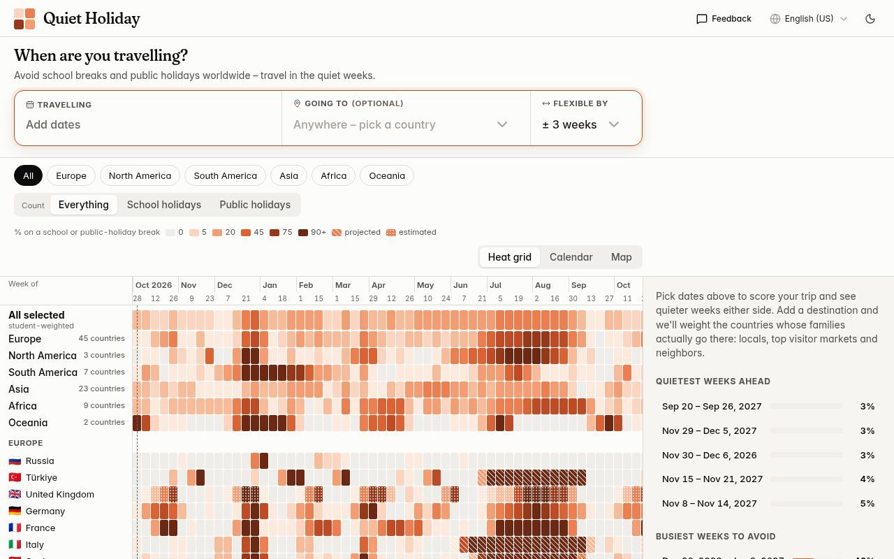 Homepage screenshot of quiet.holiday