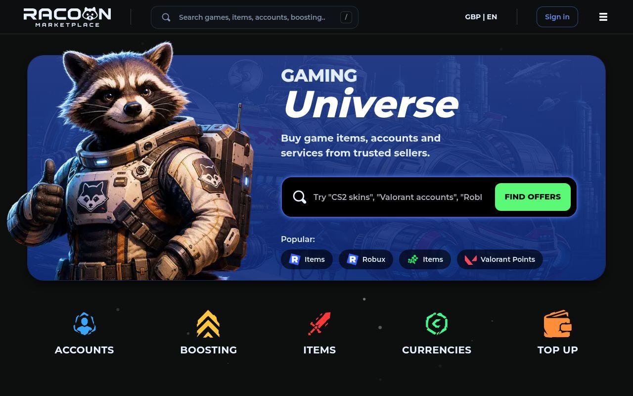 Homepage screenshot of racoon.gg