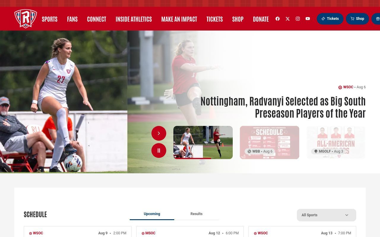 Homepage screenshot of radfordathletics.com