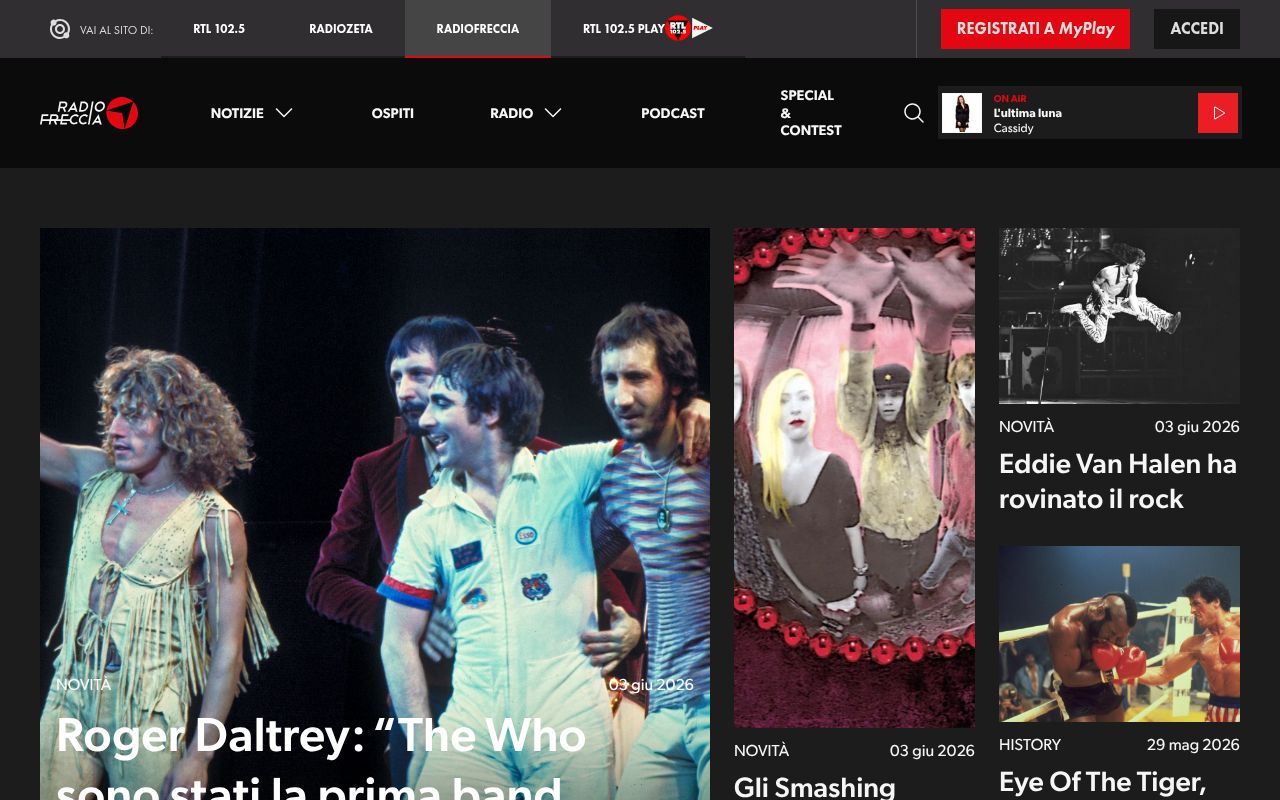 Homepage screenshot of radiofreccia.rtl.it