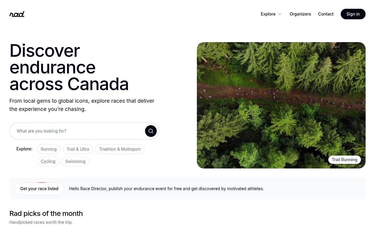 Homepage screenshot of radraces.com
