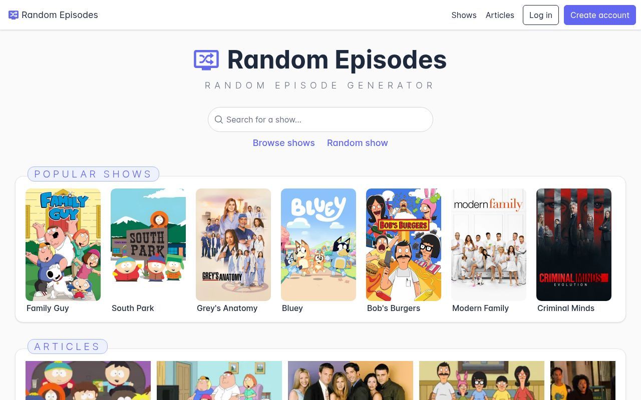 Homepage screenshot of randomepisodes.com