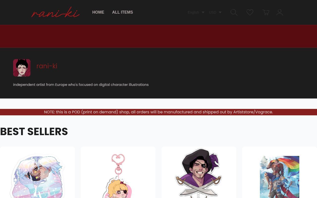Homepage screenshot of raniki.artiststore.com