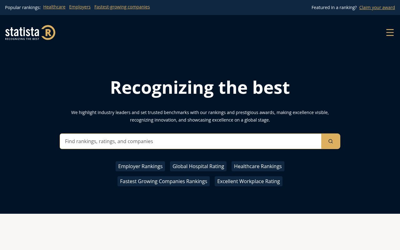 Homepage screenshot of rankings.statista.com