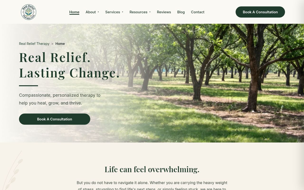Homepage screenshot of realrelieftherapy.com