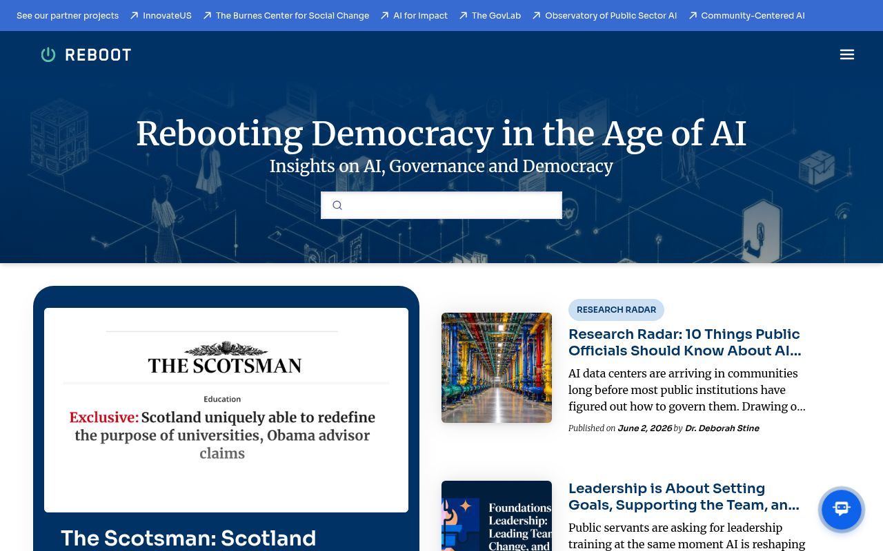 Homepage screenshot of rebootdemocracy.ai