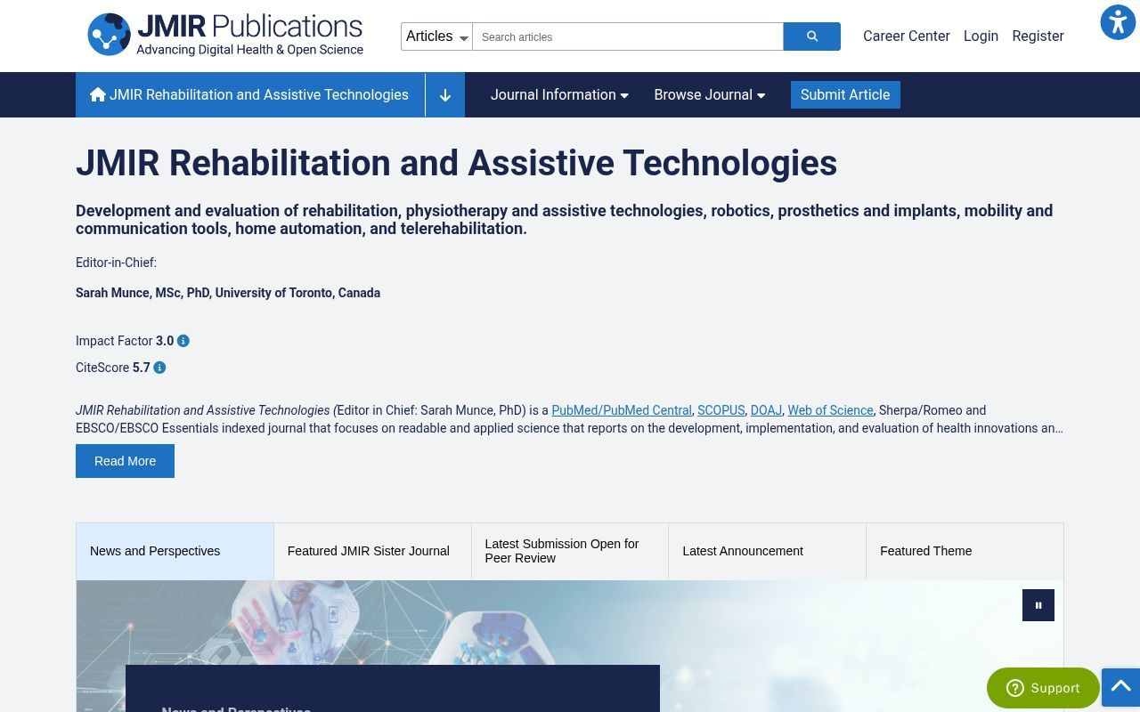 Homepage screenshot of rehab.jmir.org