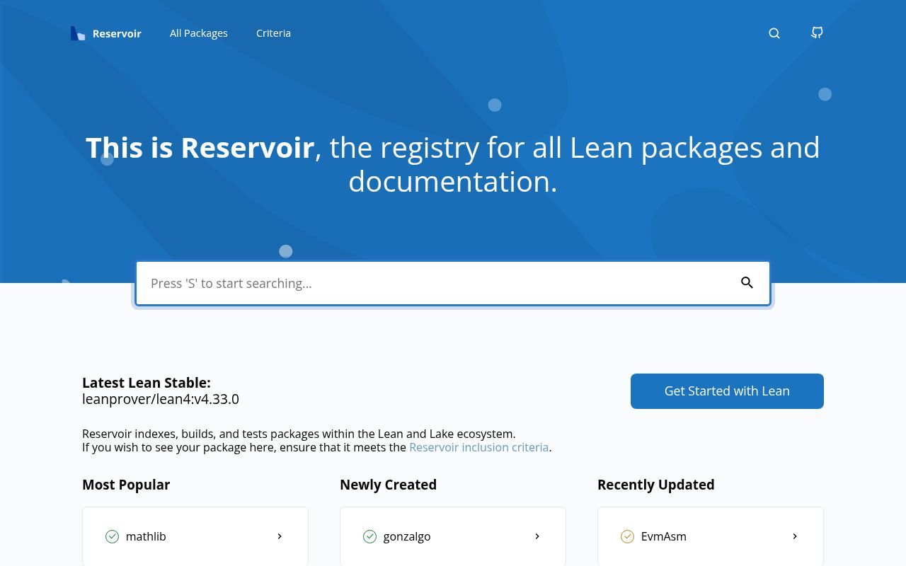 Homepage screenshot of reservoir.lean-lang.org