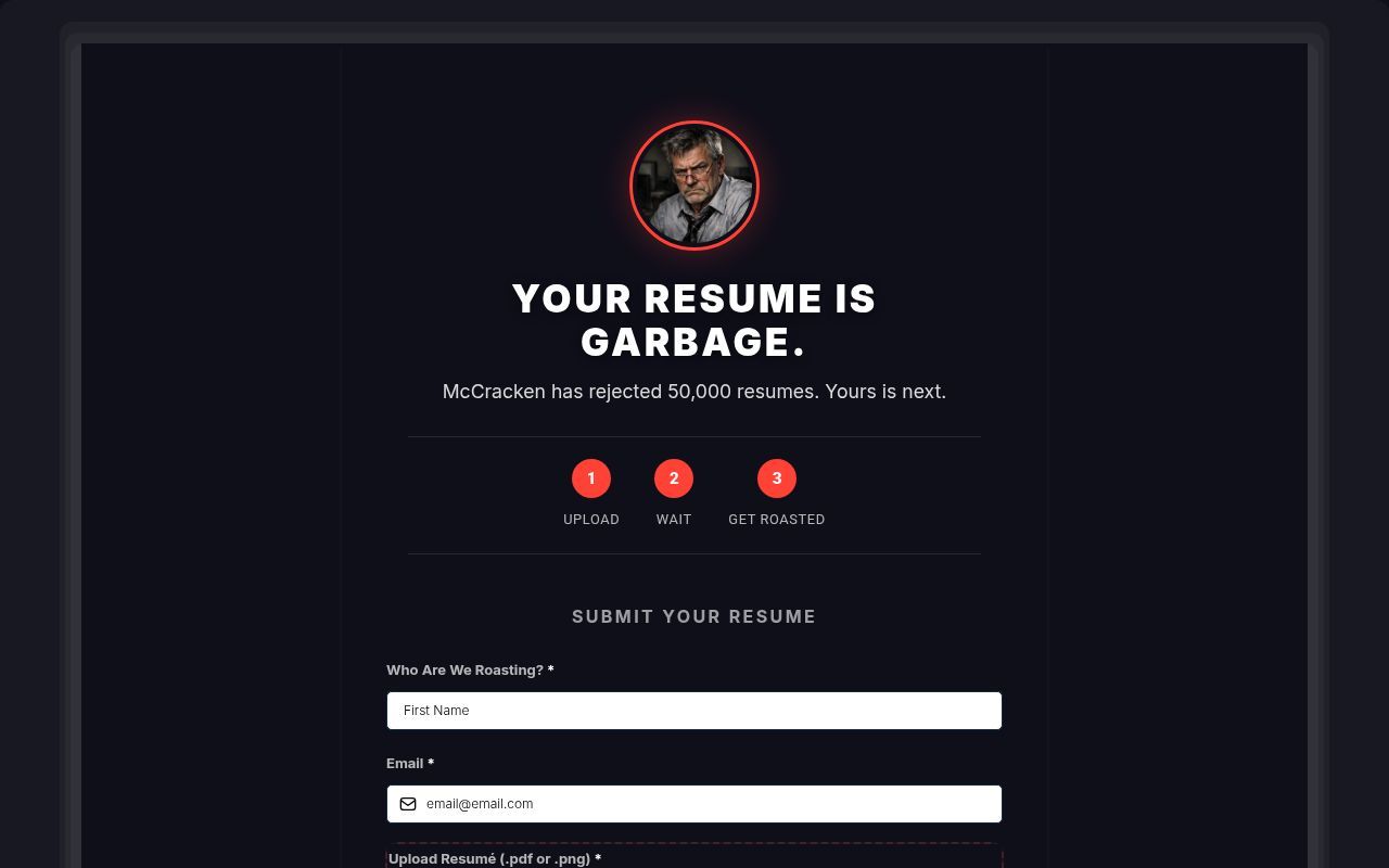 Homepage screenshot of resumeroast.lazyent.com