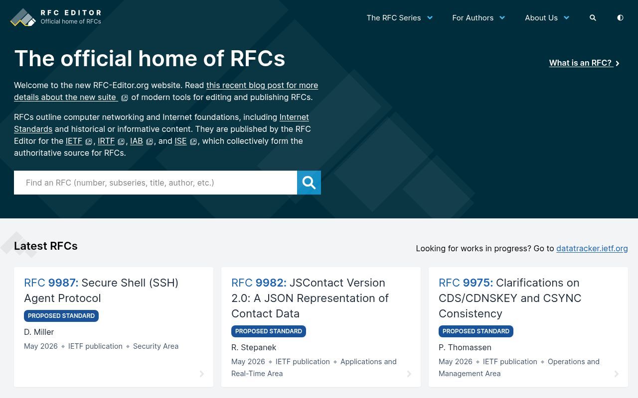 Homepage screenshot of rfc-editor.org