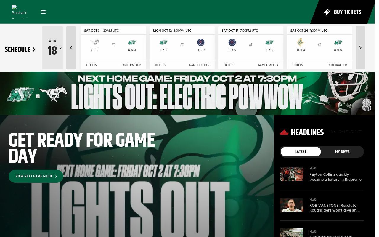 Homepage screenshot of riderville.prod.s.cfl.ca