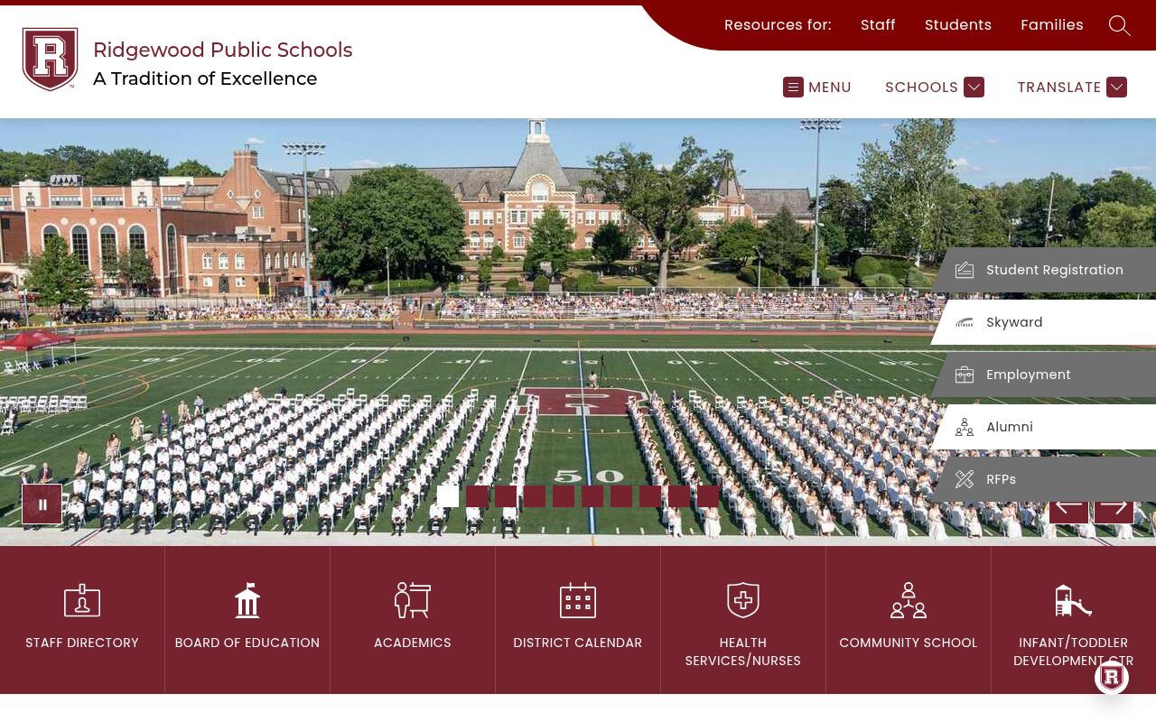 Homepage screenshot of ridgewoodschoolsnj.sites.thrillshare.com