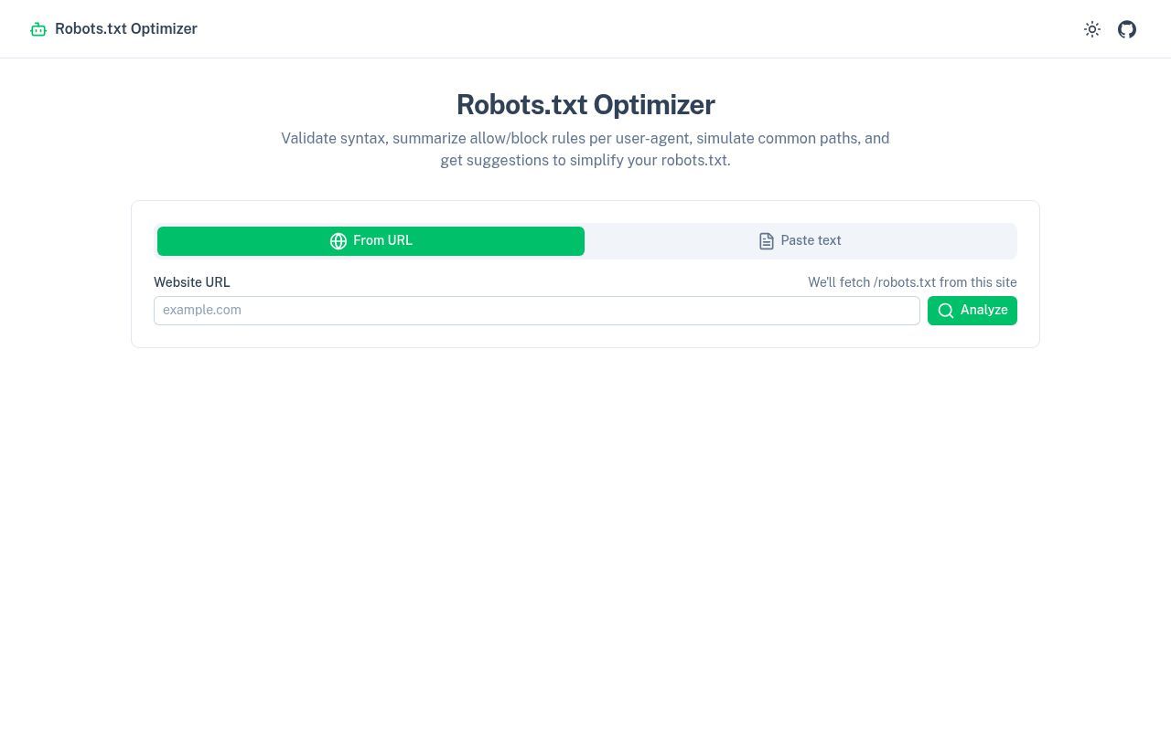 Homepage screenshot of robots-txt-optimizer.vercel.app