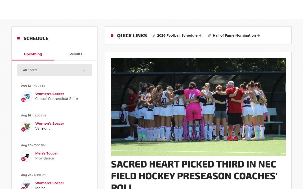Homepage screenshot of sacredheartpioneers.com