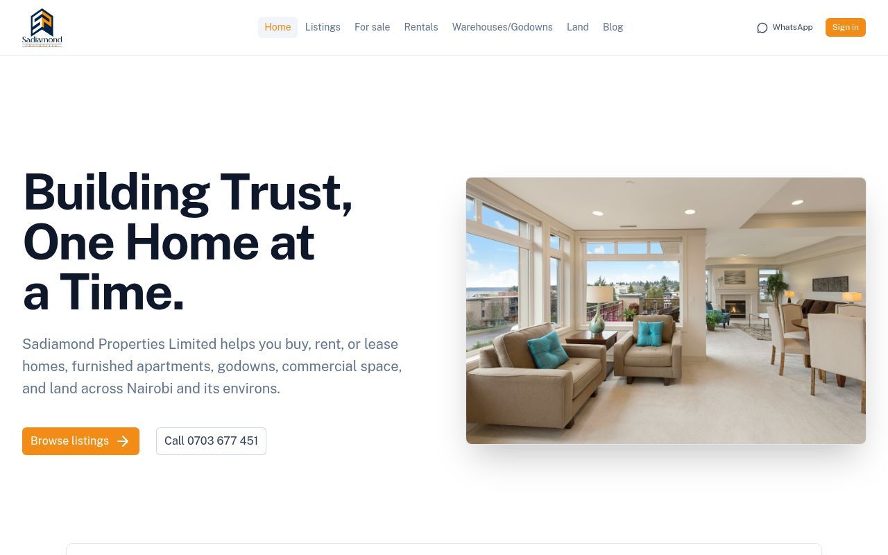 Homepage screenshot of sadiamondproperties.com