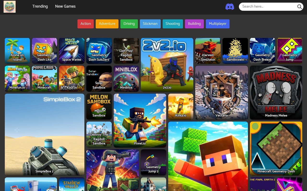 Homepage screenshot of sandboxgames.io