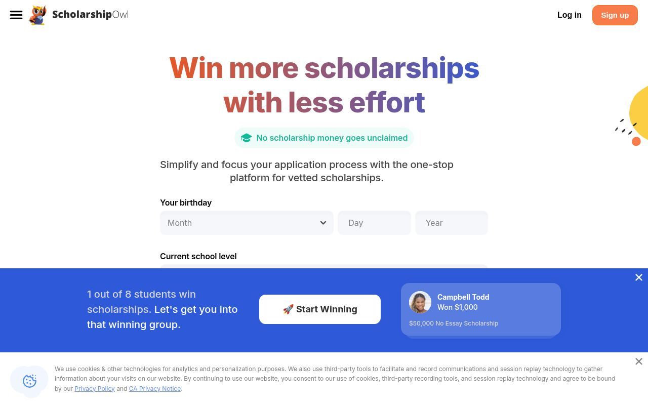 Homepage screenshot of scholarshipowl.com