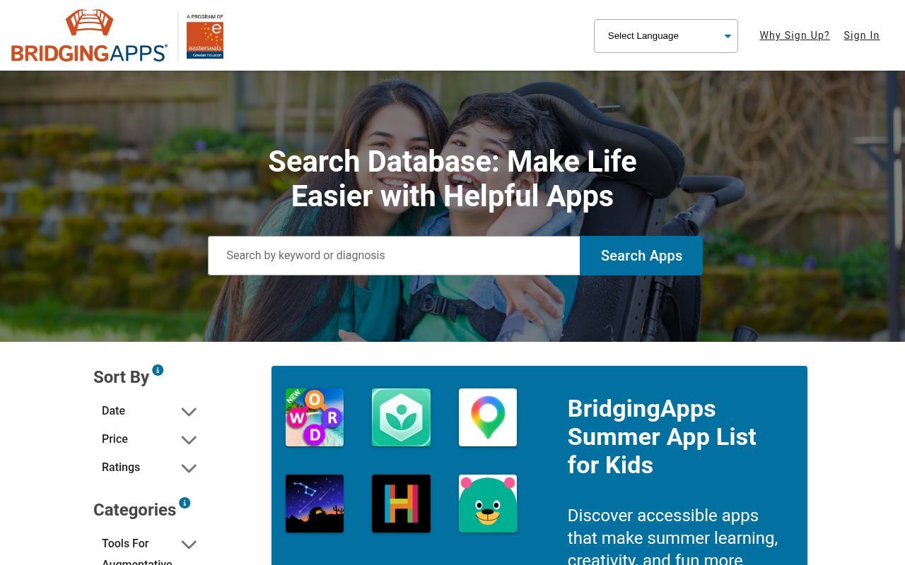 Homepage screenshot of search.bridgingapps.org