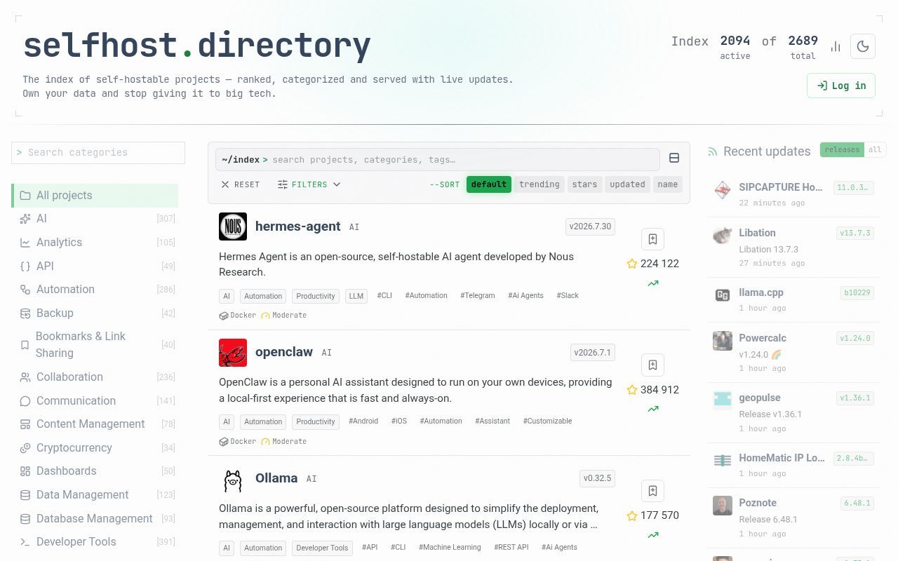 Homepage screenshot of selfhost.directory