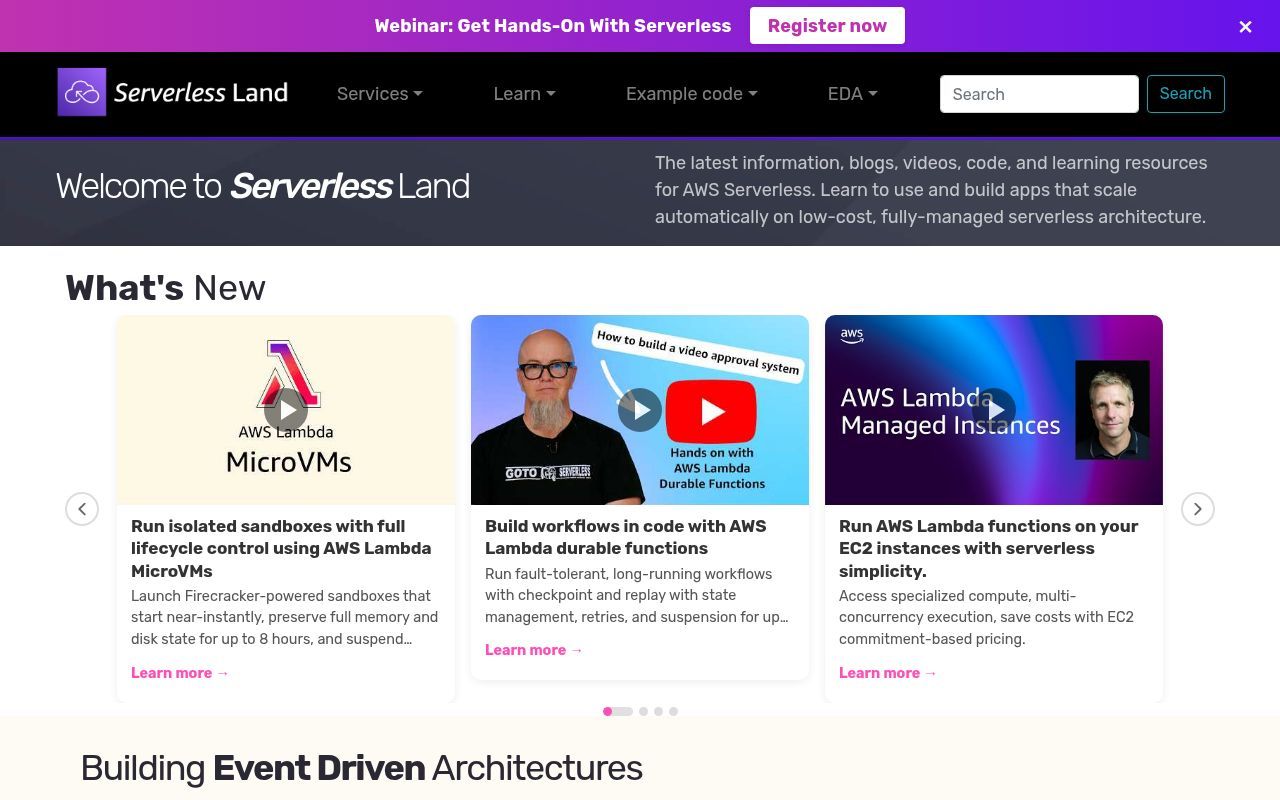 Homepage screenshot of serverlessland.com