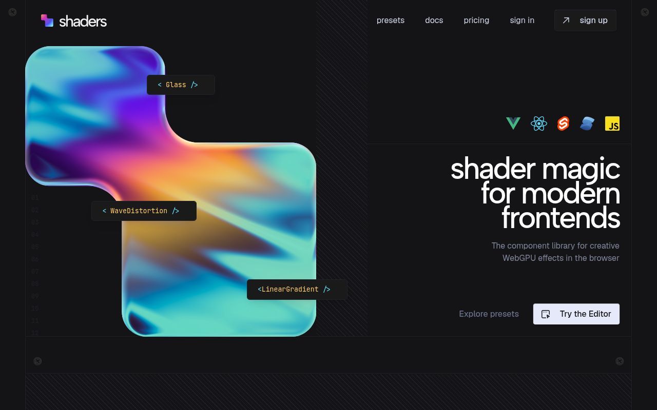 Homepage screenshot of shaders.com