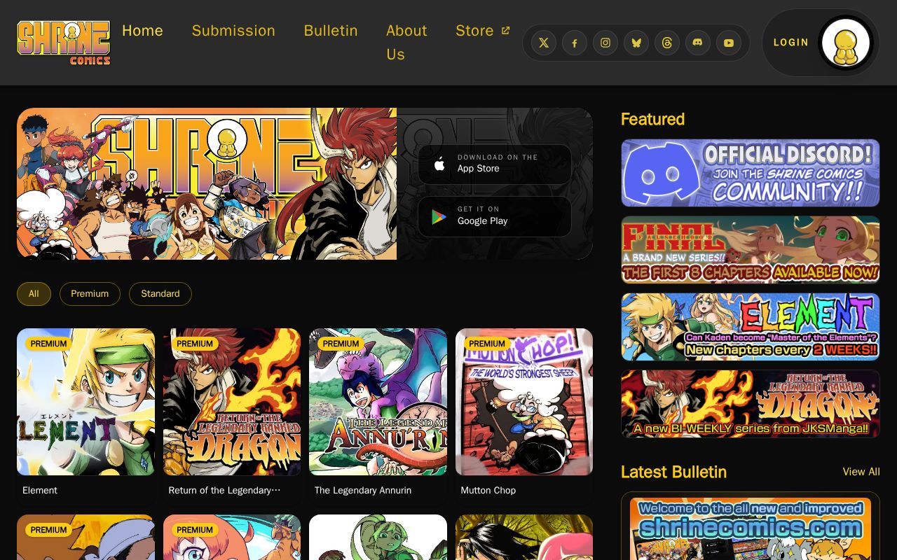 Homepage screenshot of shrinecomics.com