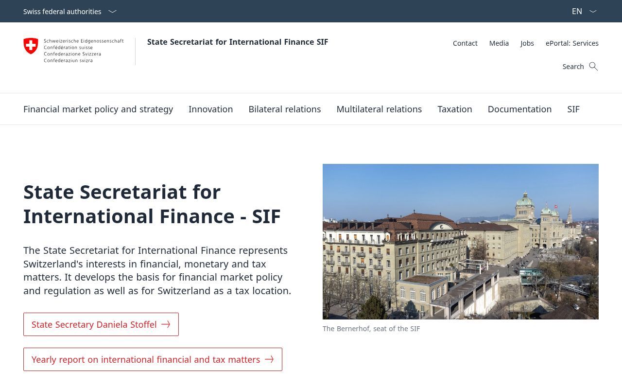 Homepage screenshot of sif.admin.ch