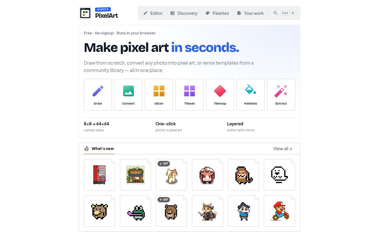 Homepage screenshot of simplepixelart.com