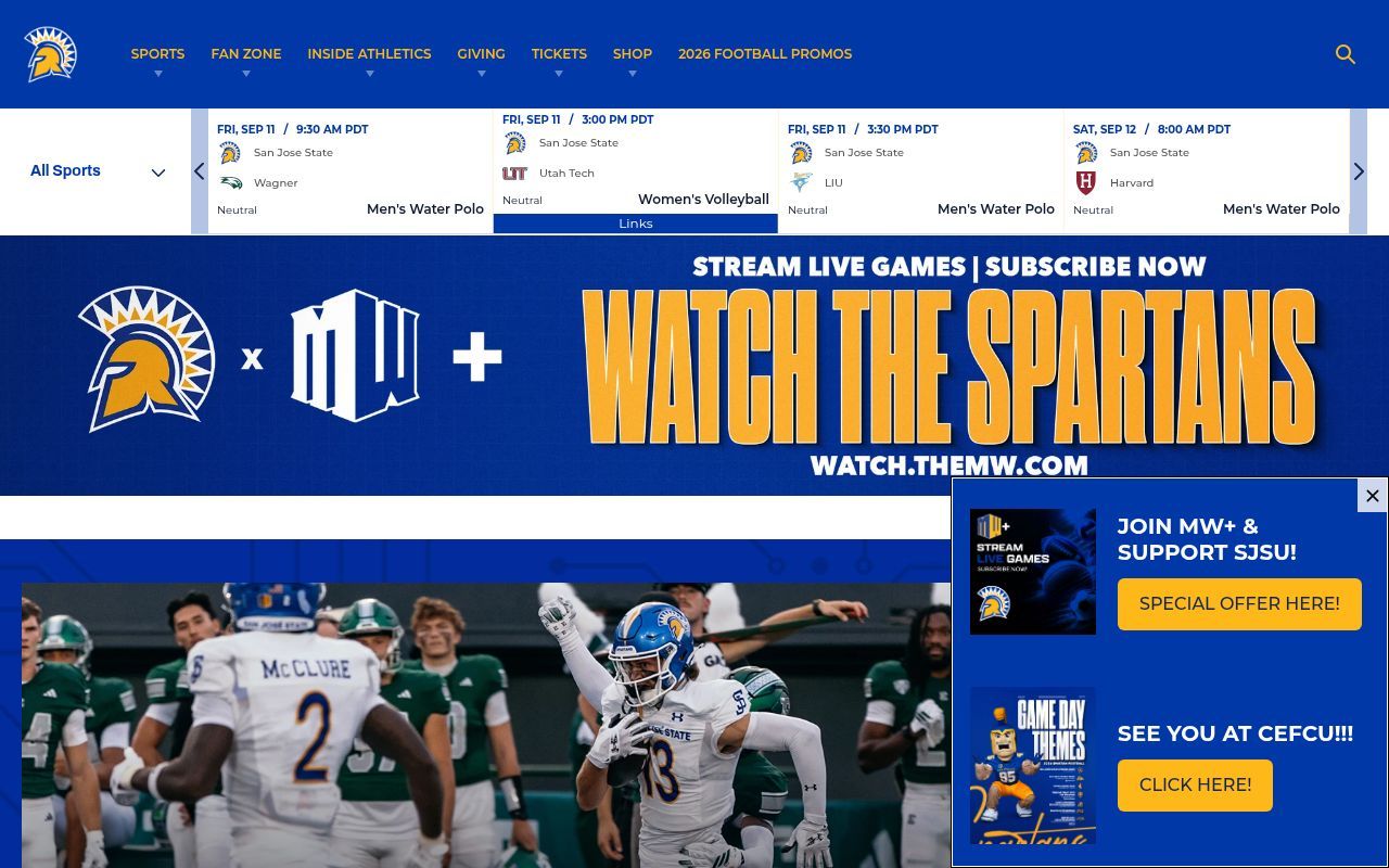 Homepage screenshot of sjsuspartans.com