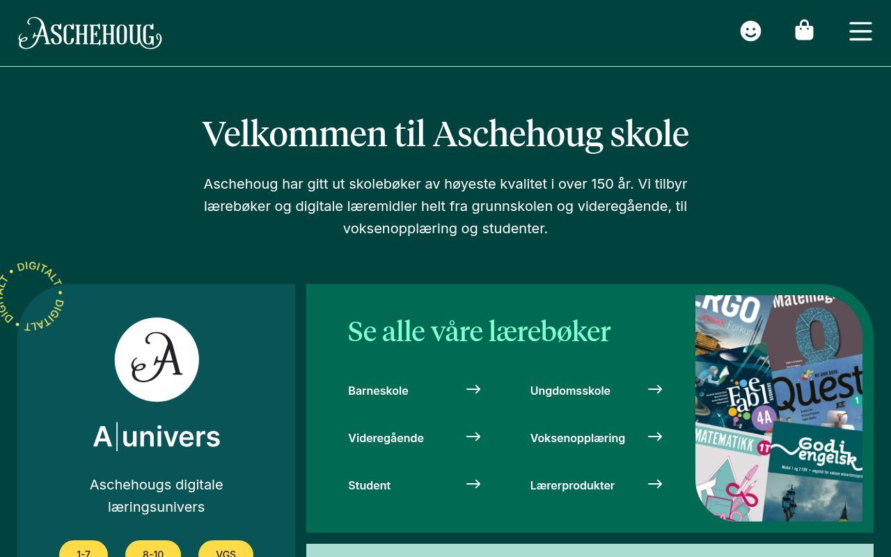 Homepage screenshot of skole.aschehoug.no