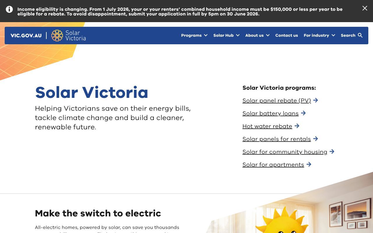 Homepage screenshot of solar.vic.gov.au